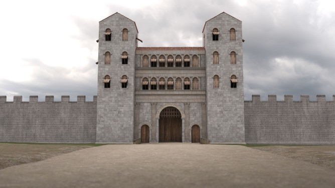 Virtuelle Rekonstruktion des Nordtors – Blick von außerhalb der Stadt